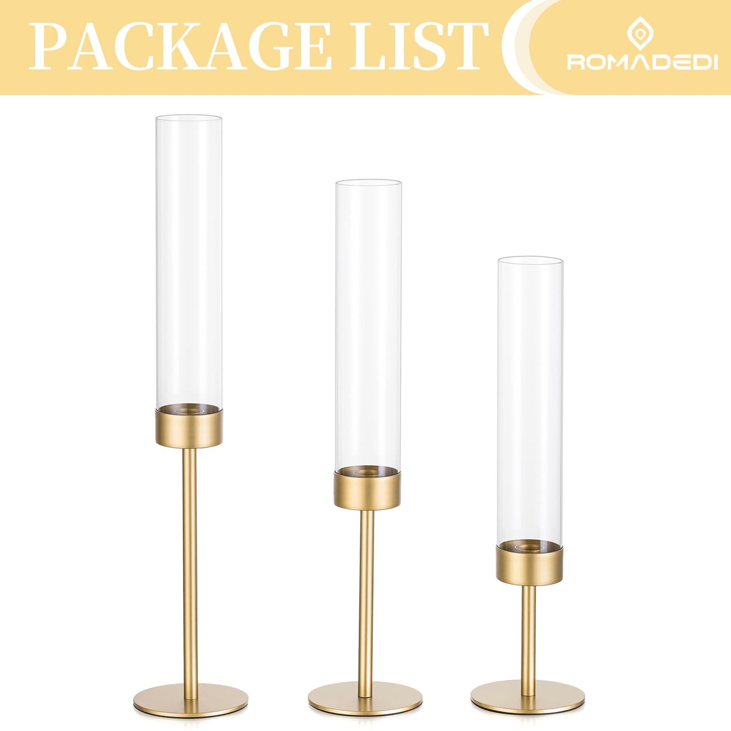 Glass Hurricane Candlestick Holders Gold - Romadedi Taper Candle Holder Tall Clear Glass Cylinder Table Centerpiece Wedding Decor Party Birthday Christmas Home Decorations Set of 3