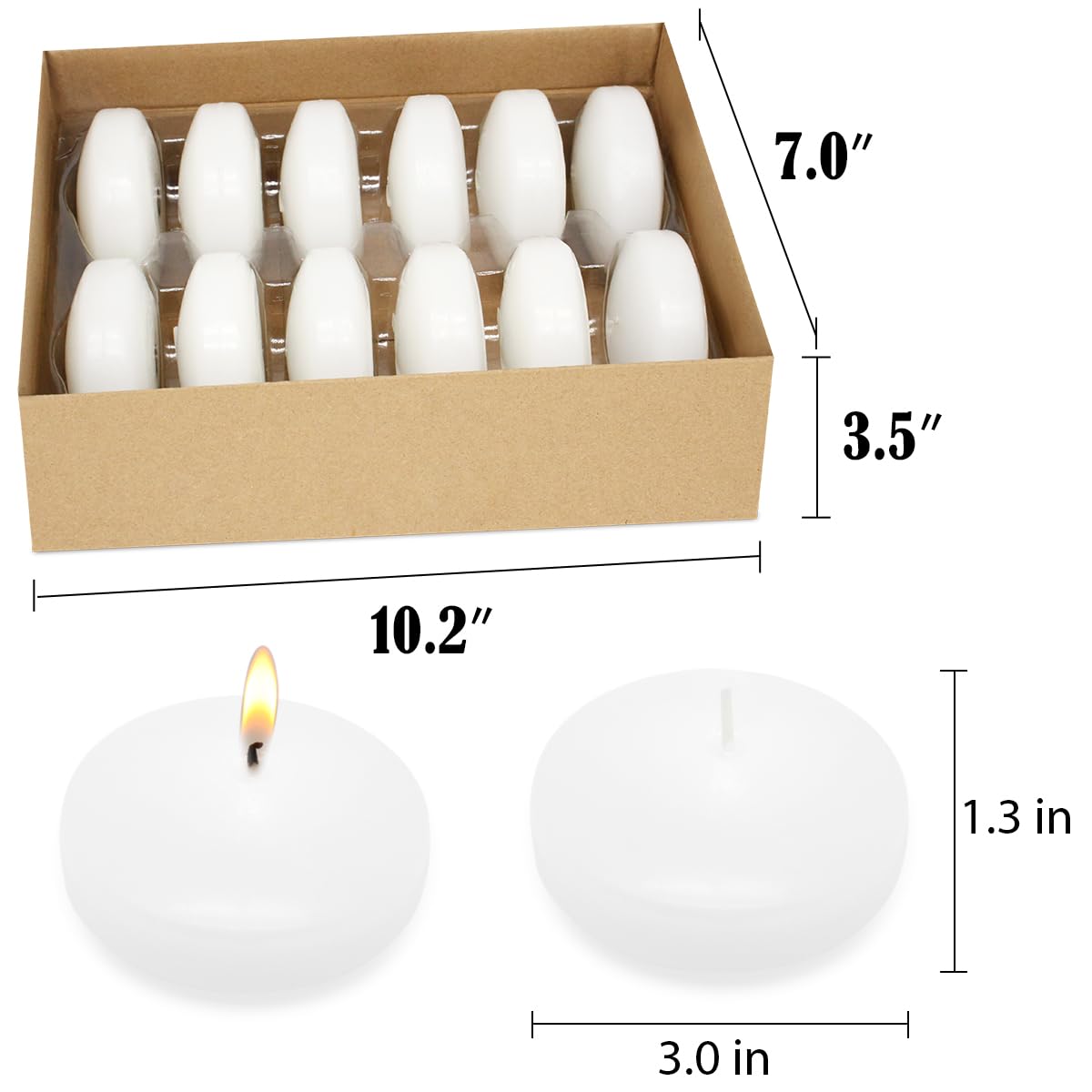 Set of 12 3 Inch White Floating Candles Large Unscented Dripless Water Wax Pool Candles for Vases, Centerpieces at Wedding, Party, Holiday- 10 Hour Burning