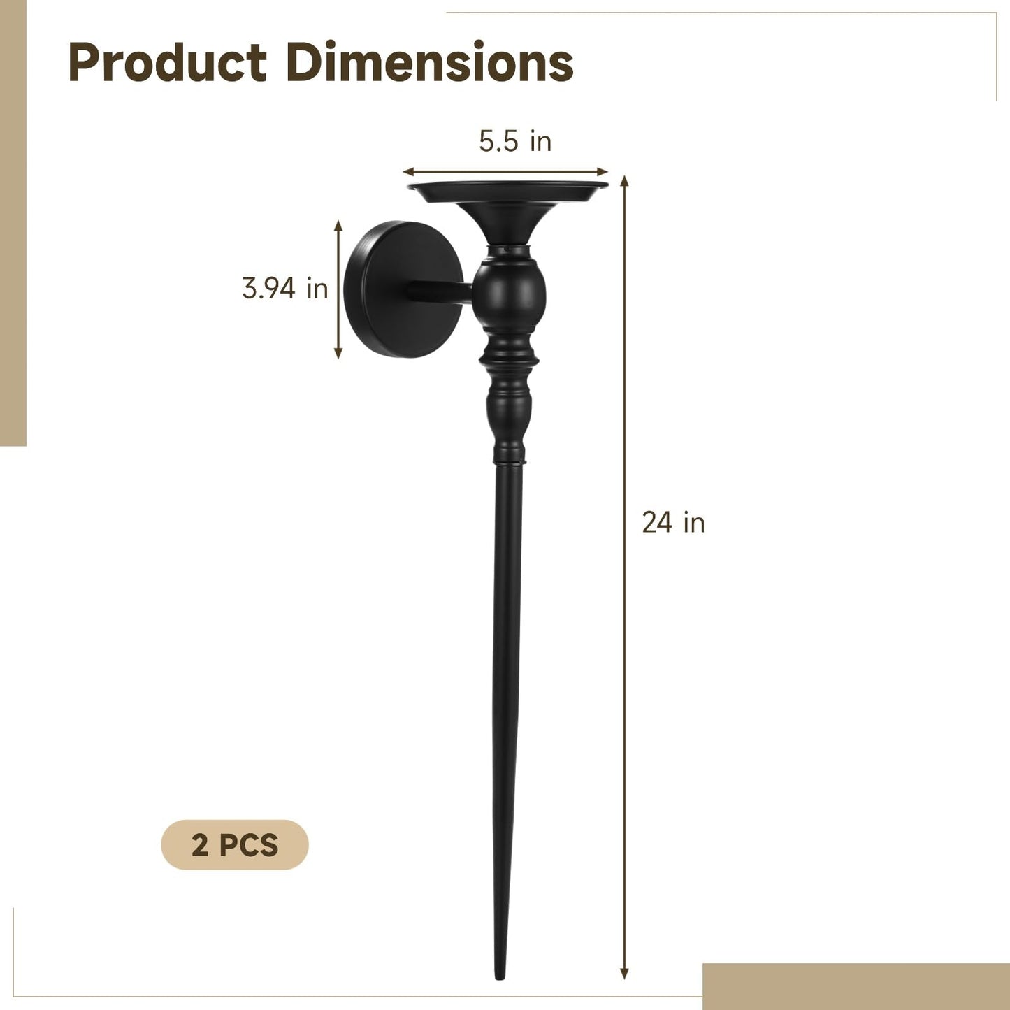 2 Pcs Candle Sconces Wall Decor Set, Black Gothic Wall Candle Holder, Iron European Style Candle Holder, 24 x 5.5 x 5.5 in