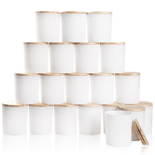 SHOWIN Thick Candle Jars for Making Candles 20Pcs,10 OZ Empty Jars with Wood Lids for Candle Making, Sample Container, Matte White