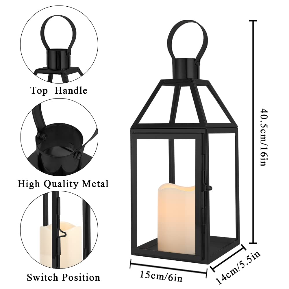 JHY DESIGN Black Decorative Lanterns 16“H Decorative Candle Lantern with Tempered Glass for Indoor Outdoor Events Parities and Weddings