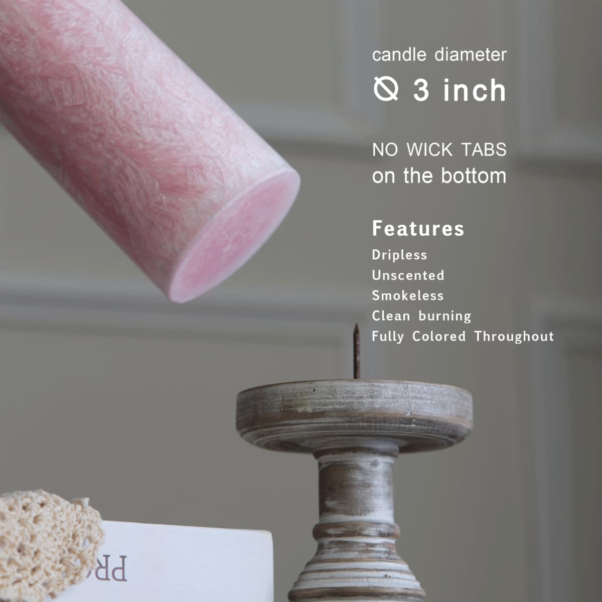 MOZEAL Hand-Poured, Unscented Pink Crystal Pillar Decorative Candles, Elegant Set of 3 in Different Sizes (3"x4", 3"x5", 3"x6"), Luxurious Décor for Spring Homes & Events