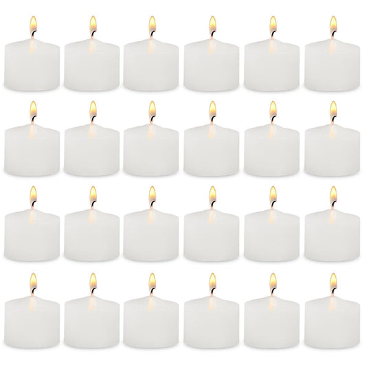 White Votive Candles - Pack of 24, 100% Fully Refined Paraffin Wax, Smokeless, Unscented, for Home Decor, Spa, Weddings, Birthdays, Holidays, Party