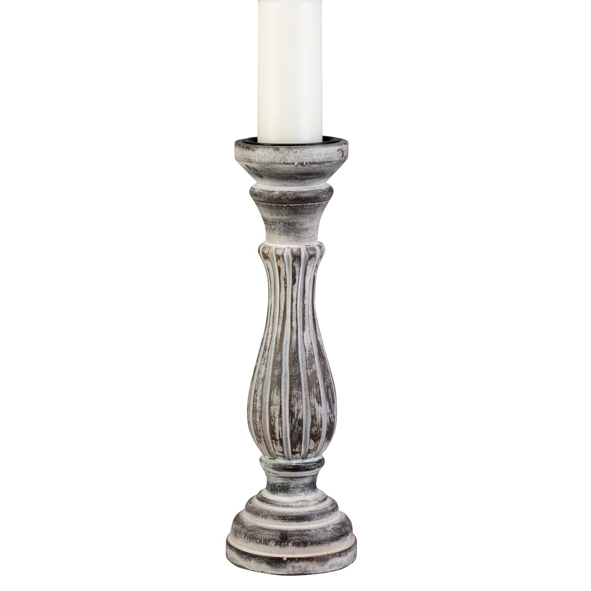 Biedermann & Sons Washed Wooden Pillar Candle Holder, White, 8 Inch Tall, Fits Up to 3 Inch Pillar Candles, Farmhouse Candle Pedestal for Table Decor and Shelves