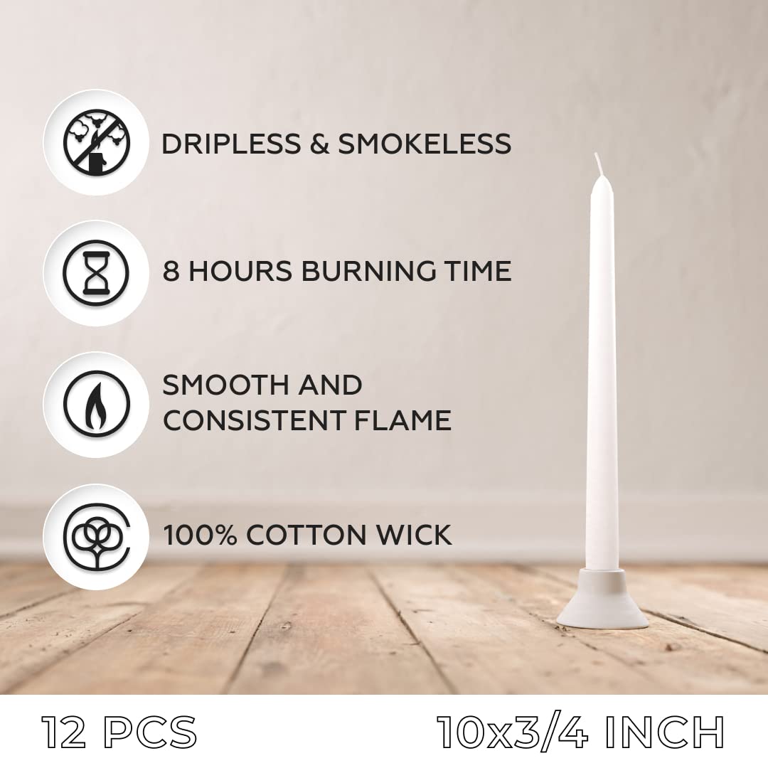 Sonedly 10 inch Taper Candle 12 Pack - Home Interior Long Burning Dripless and Smokeless Unscented Tapered Candles - 8-Hour Burning White