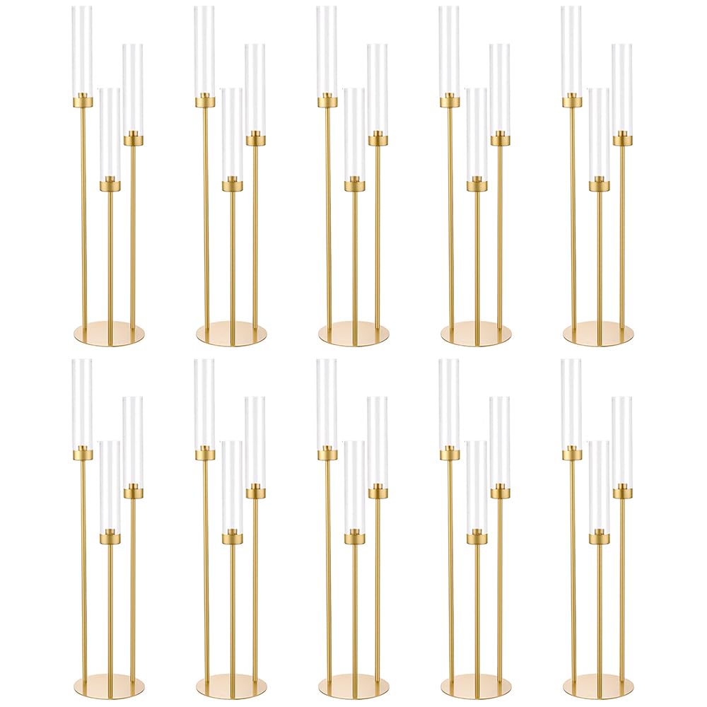 Vincidern 10pcs 3 Arm Candelabra, Gold Candle Holder Centerpieces for Table, 33.8'' Tall Candelabra with Acrylic Lampshade for Wedding Table Centerpiece, Birthday Party, Events Fit LED Taper Candles