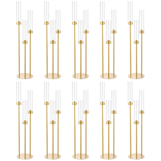 Vincidern 10pcs 3 Arm Candelabra, Gold Candle Holder Centerpieces for Table, 33.8'' Tall Candelabra with Acrylic Lampshade for Wedding Table Centerpiece, Birthday Party, Events Fit LED Taper Candles