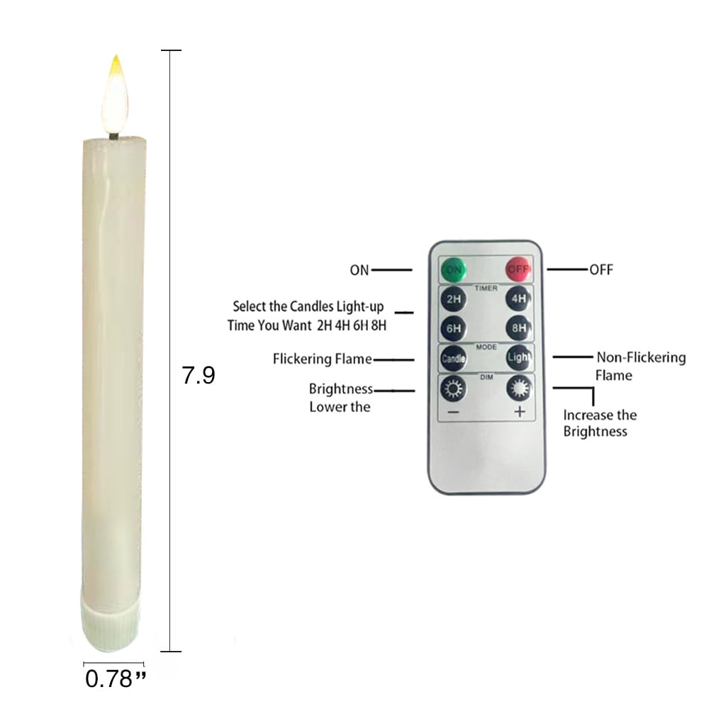 6Pcs Flameless Taper Candles with Remote Timer Dimmer, 8.9 inches Ivory Taper Candles Battery Operated, Plastic LED Candlesticks with Flickering Flame for Halloween Christmas Church Wedding