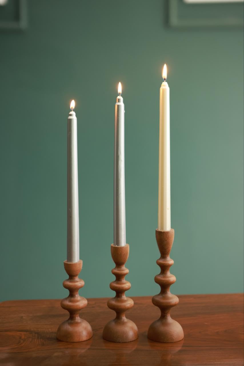 Wooden Candle Holders Set of 3 – Solid Wood Taper Candle Holders for Table Decor, Scandinavian Rustic Candle Stick Holders for Dining Table, Farmhouse Wooden Candlestick Holders