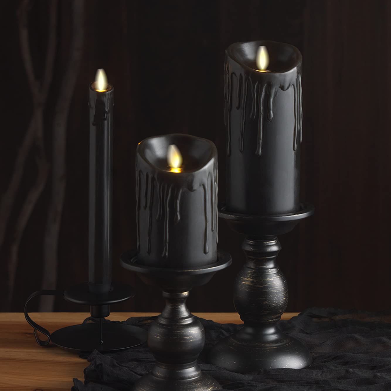 Luminara Black Single Wax Drip Flameless Candle Tapers (1 x 9.5 inch), Moving Flame LED Candle Unscented Real Wax with Dripped Top Timer Function, Table, Mantel, Holiday Decoration