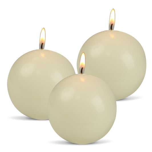 Ivory Ball Pillar Candles Set of 3 – 3" Unscented Round Sphere Candles, Hand-Poured for Weddings, Home Decor & Centerpieces, 40-Hour Dripless Burn