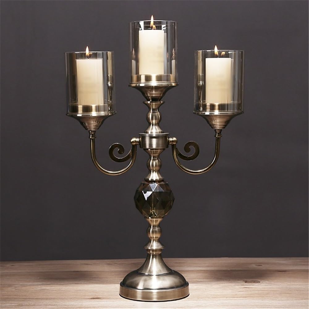 cfycfy987 Candelabra Retro Metal Glass Three-Head Candlestick Light Luxury Home Decoration Ornaments Candle Holder Candle Sticks Holder(Large)