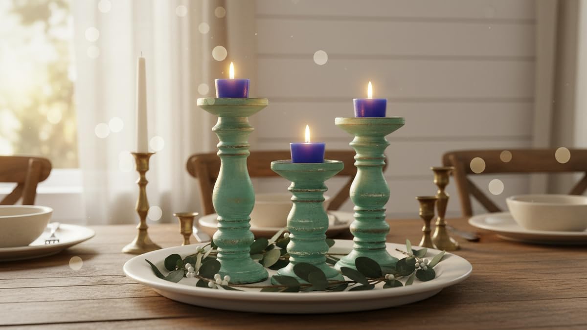 Wooden Pillar Candle Holders Set of 3, Pillar Candles,Gifts for Wedding,Party,Home, Candle Gardens Gifts - 10 Inch, 8 Inch, and 6 Inch (Green)