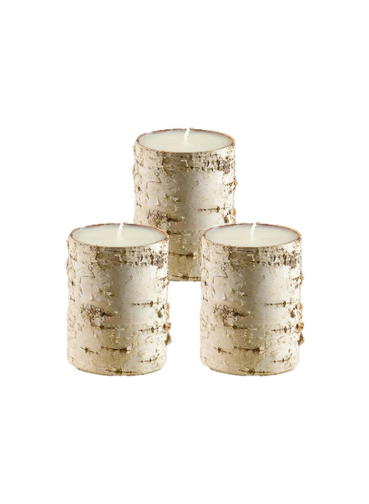 Serene Spaces Living Birch Bark Unscented Pillar Candles, Rustic Decorative Candles for Weddings, Events, Restaurants, Parties & Natural Home Decor, 3" Diameter x 4" Tall, Pack of 3