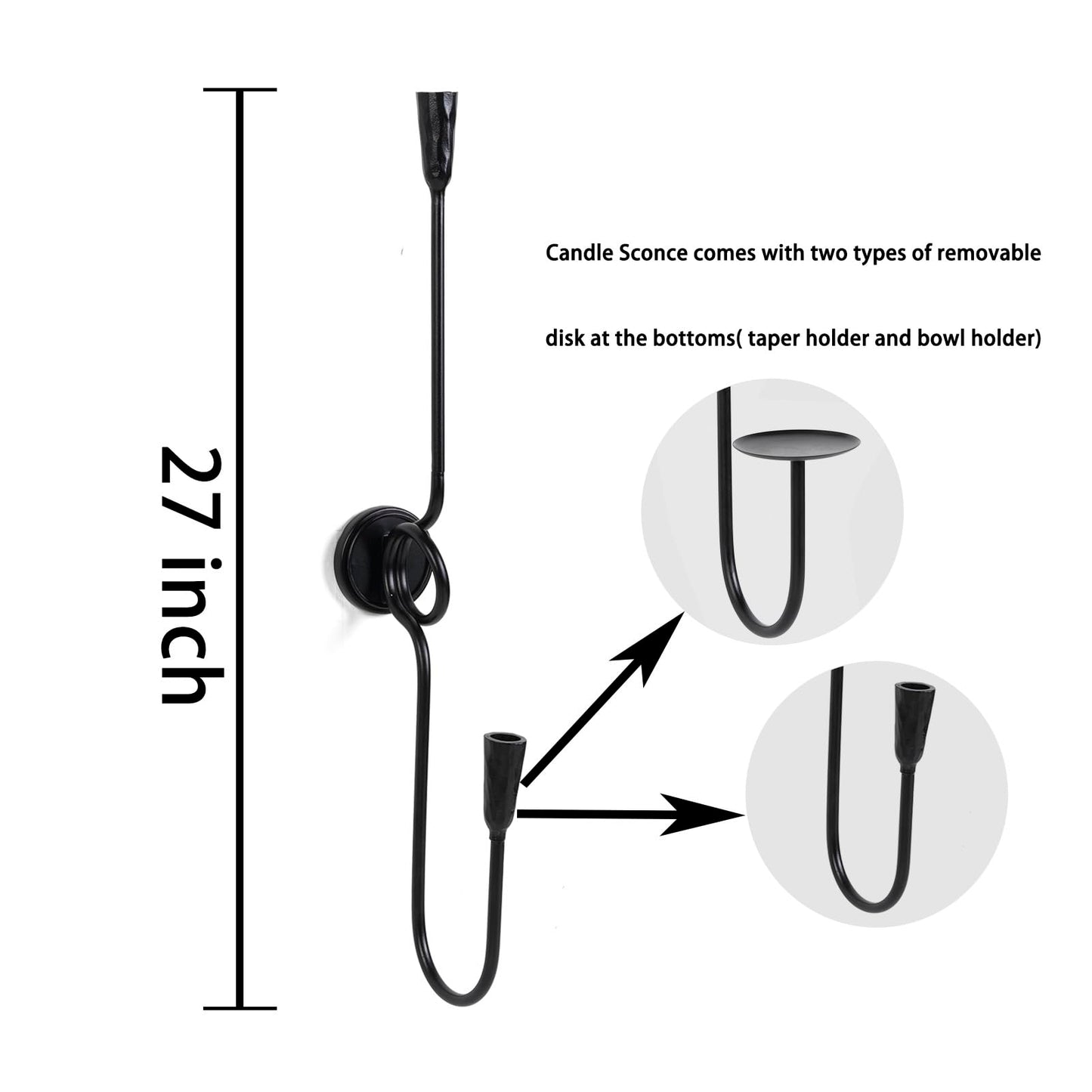 GAKA Large(27 inch) Wall Sconce Candle Holder Set of 2,2 Arm Iron Wall Mount Candle Holder Decorative,Black