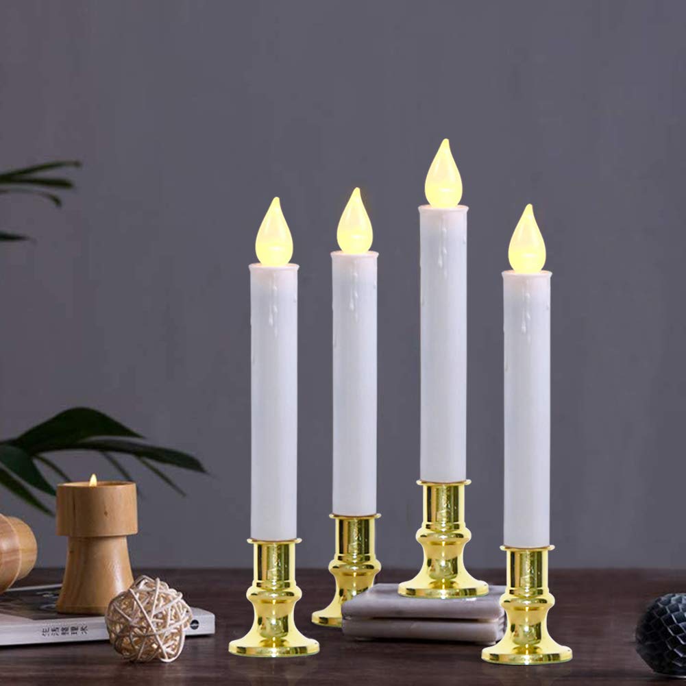 GOOTHY Christmas Window Candles Lights, Automatic Timer LED Flickering Candle Lights with Gold Base (6/18 Hour Timer), 9'' LED Battery Operated Candles for Indoor Table Party Decor- Set of 4