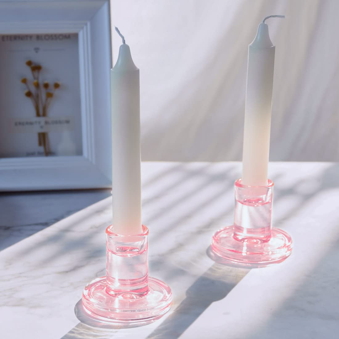 12PCS Pale Pink Taper Candle Holders, Glass Crystal Candlestick Holders Bulk, Clear Candle Holders for Dining Table Centerpiece，More Suitable for Weddings