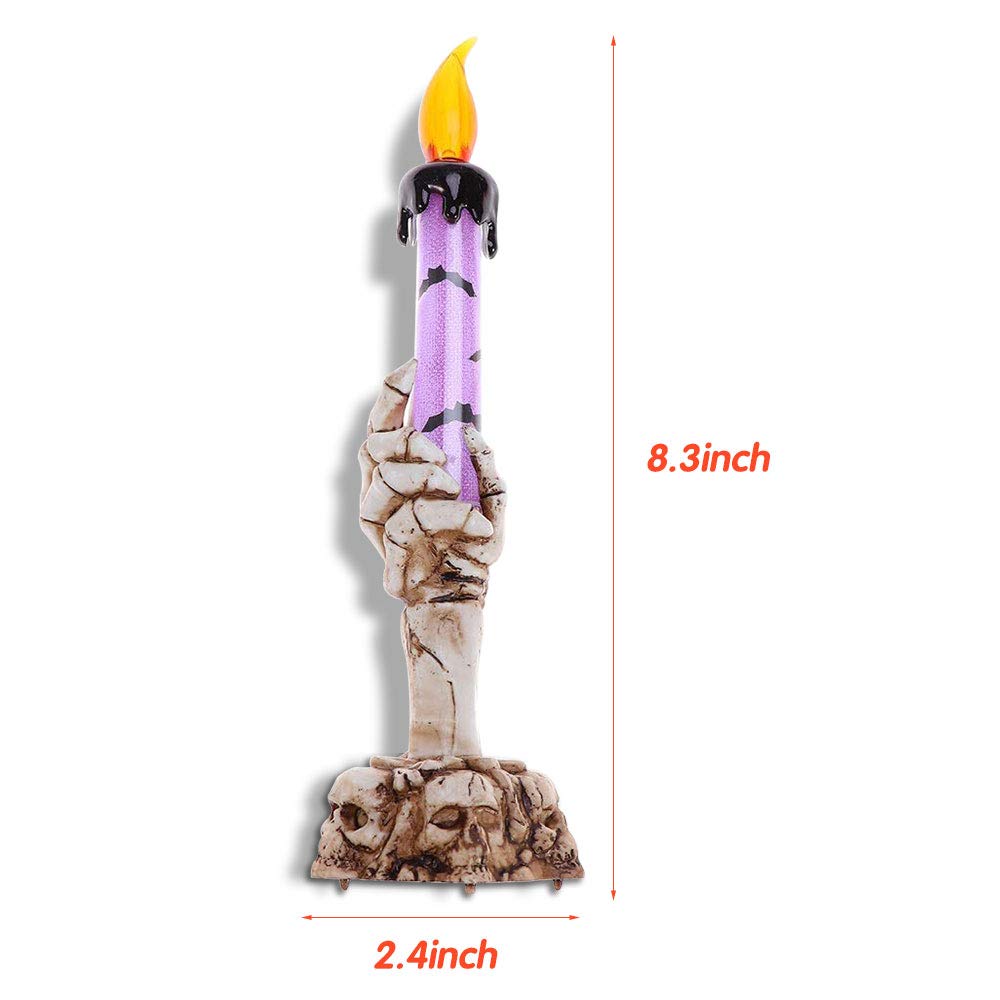 YBB 3 Pack Halloween Skeleton Hand Candle Holder Light, Skull Flameless Taper Candle Lamp for Halloween Party Table Centerpiece Spooky Decoration (Green, Orange, Purple)