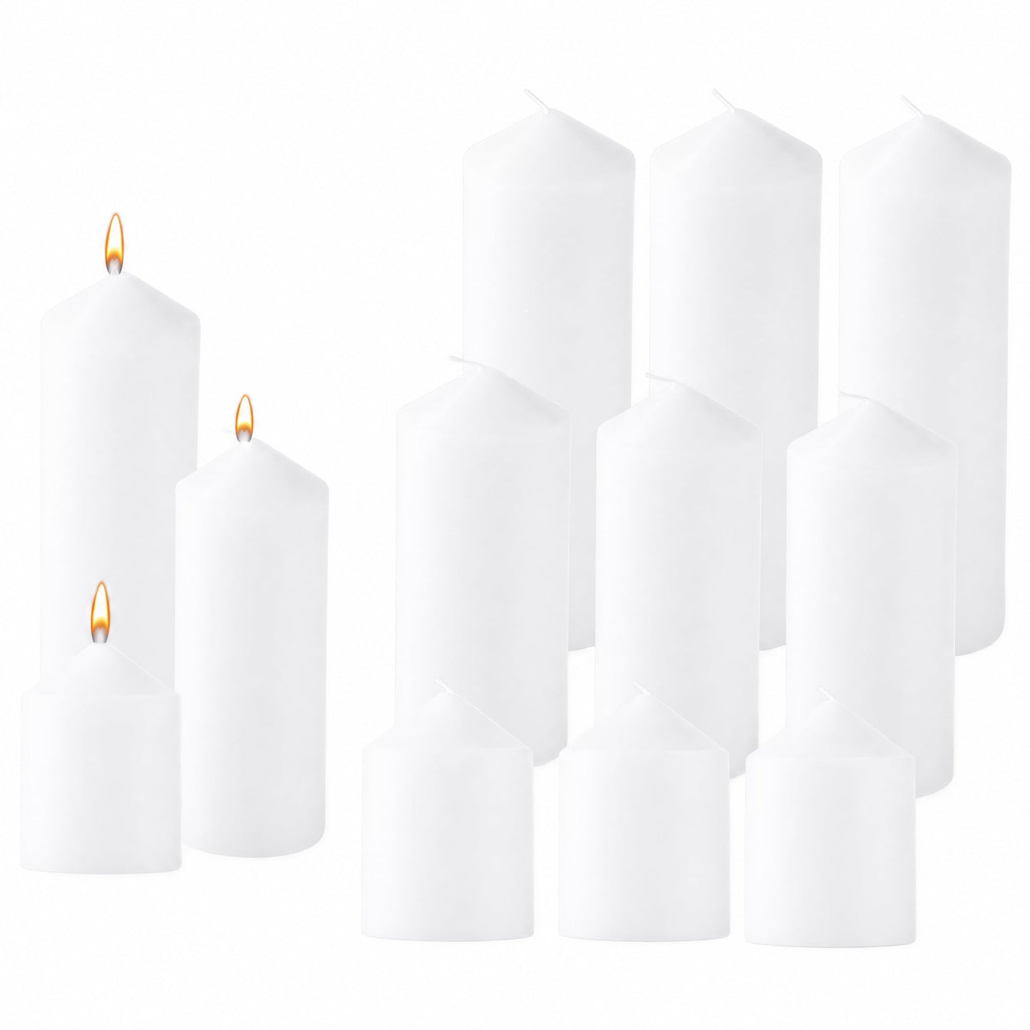 12 Pcs Individually Wrapped Pillar Candles Bulk, 2x3 2x6 2x8 Inch, Unscented Dripless Smokeless, Hurricane Candles for Wedding Party, Spa, Home Decor (12 White Pointed-tip, 2 x 3/6/8 Inch)