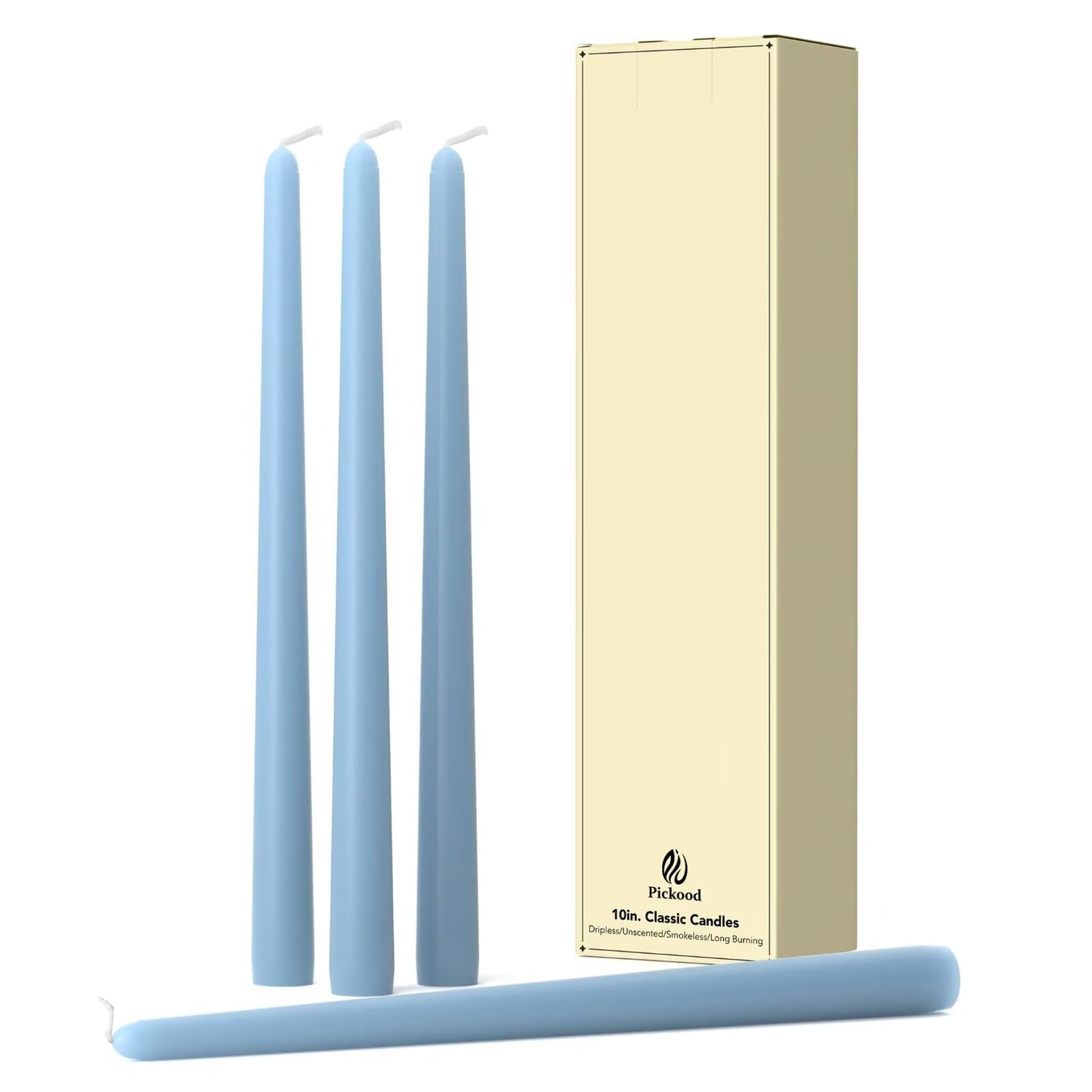 Pickood 10-Inch Tall Dripless Taper Candles Set of 4 - Baby Blue Tapered Candles, Perfect for Halloween,Fall - Smokeless, Unscented, Long Burning - Hand Poured, Colored Tall Candlesticks - Baby Azul