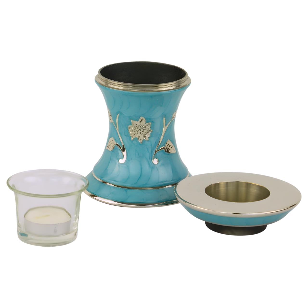 Grace Turquoise Tealight Cremation Urn for Ashes, Brass Memorial Candle, Blue Green, Extra Small Size, 5.5 Inches High