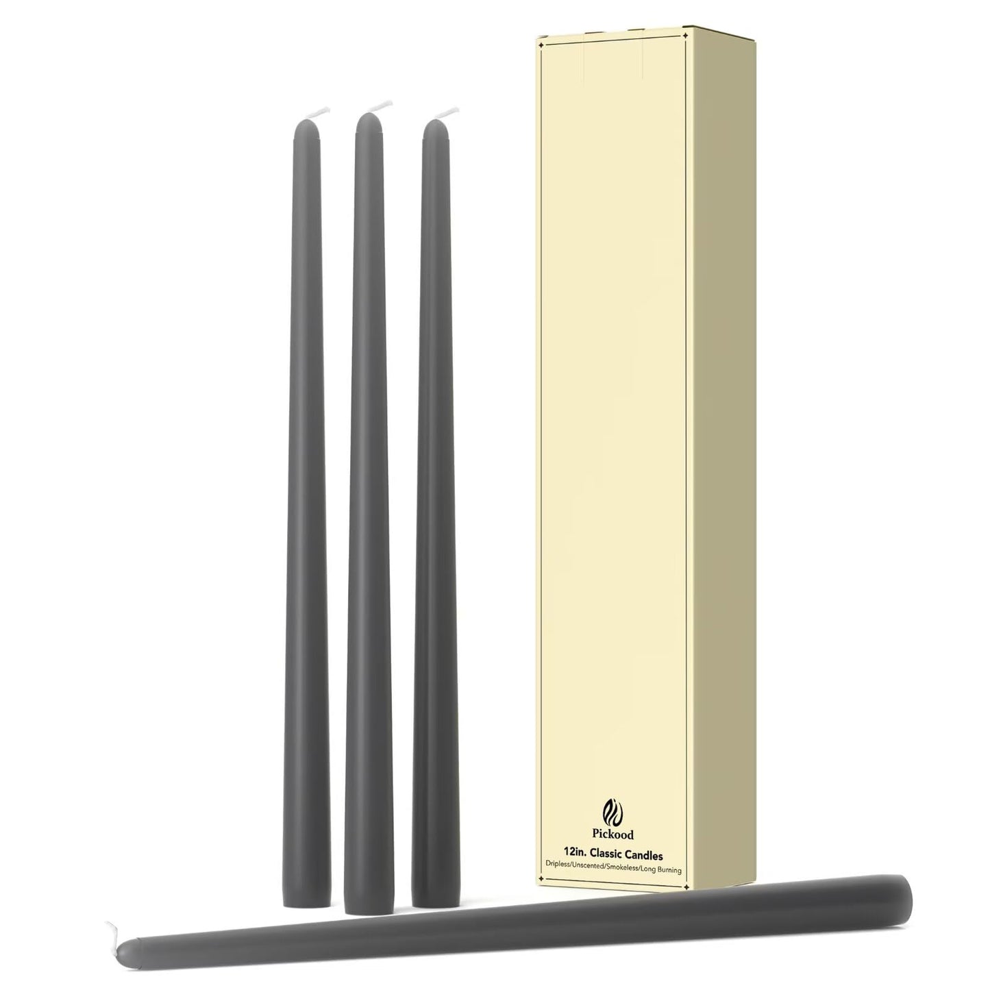 Pickood 12-Inch Tall Dripless Taper Candles Set of 4 - Black Gray Tapered Candles, Perfect for Spring - Smokeless, Unscented, Long Burning - Hand Poured, Colored Tall Candlesticks - Dark Gray
