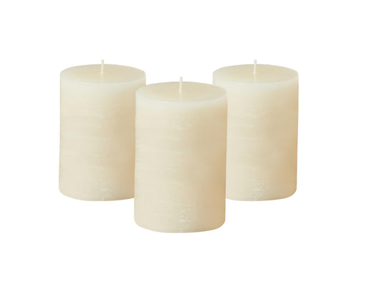 Simply Soson 3x4 inch Ivory Pillar Candles Set of 3, Rustic Texture, Unscented Ivory Candles, Dripless Candles, 3 inch Pillar Candles Ideal as Wedding, Parties, Spas, Dinner, Home Decoration, Church