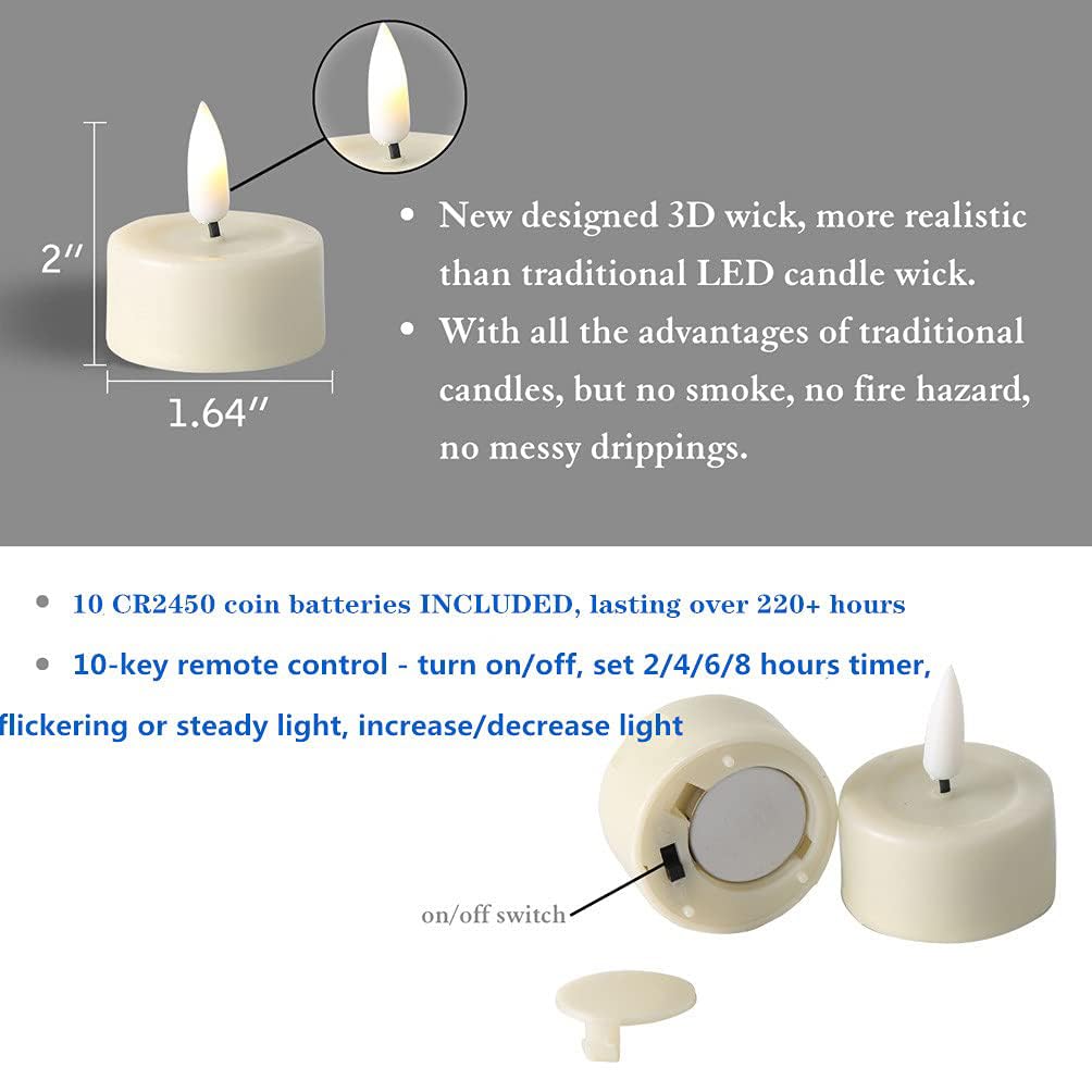 Eywamage Ivory Flameless Wax Tealights with Remote Batteries, Realistic Flickering LED Tea Votive Candles Set of 10
