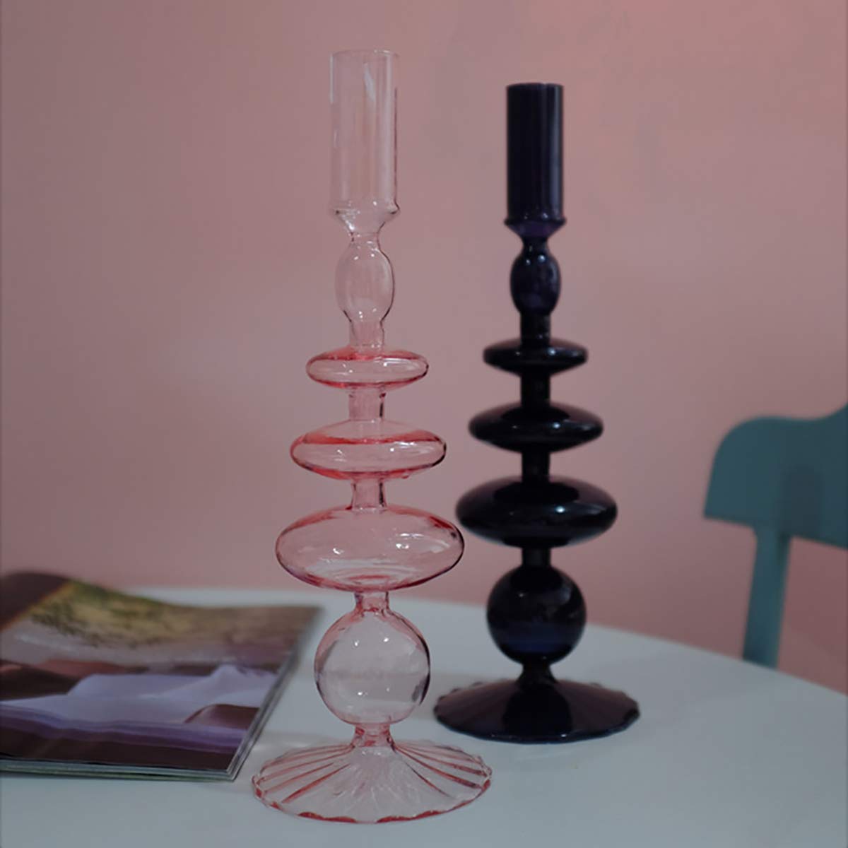 LKXHarleya Glass Candlesticks Holders, Retro Glass Candle Holder for Taper Candle Table Centerpiece Wedding Party Home Decoration, Black