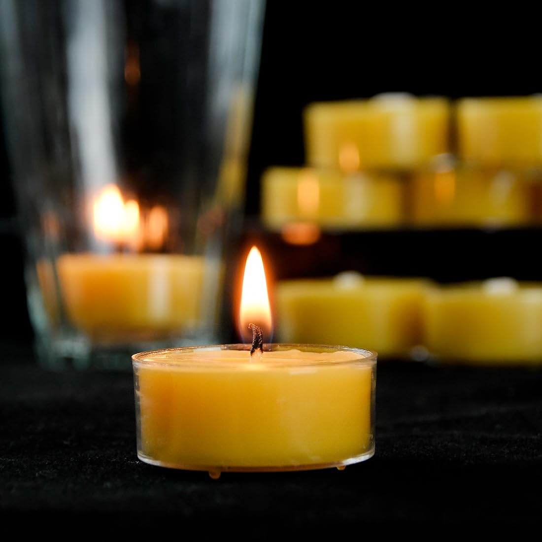 JONERAY 32 Packs Pure Beeswax Tealight Candles Bulk - Clear Cup, Natural Handmade Tea Candles for Dinner Table (Yellow)
