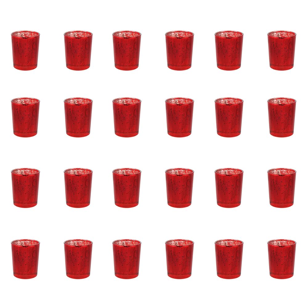 BTGLLAS 24pcs Red Glass Tea Light Holders - Votive Candle Holders Bulk for Weddings Events - Glass Votives for Wedding Centerpieces, Christmas, Thanksgiving - Candle Accessories Decor (24, Red)