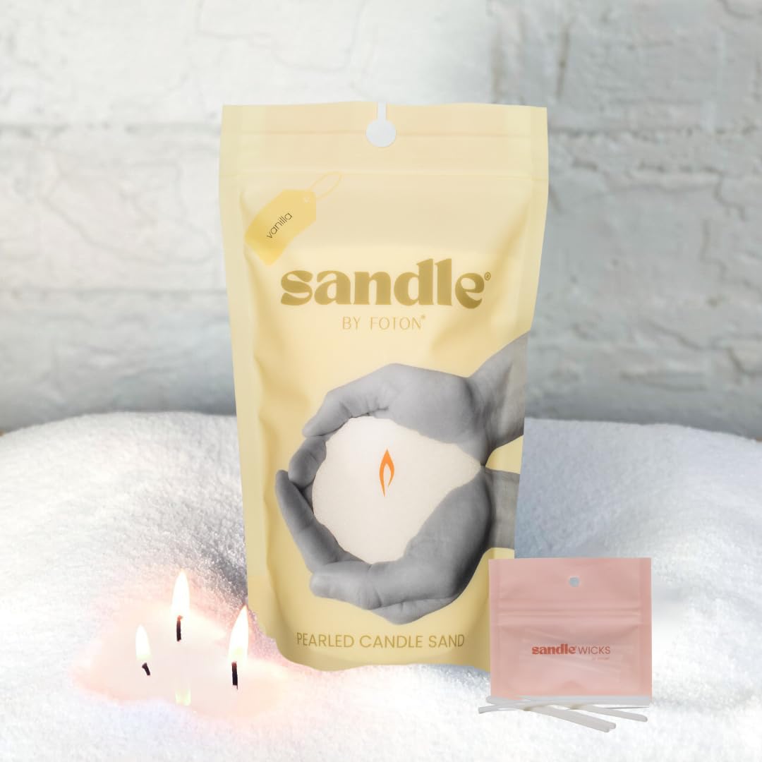 Sandle by Foton Pearled Candle 10 Oz – Vanilla, Non Toxic Luxury Long Lasting Sand Candles up to 60 Hours - Refillable Candle Sand with 15 Wicks for Candles Making