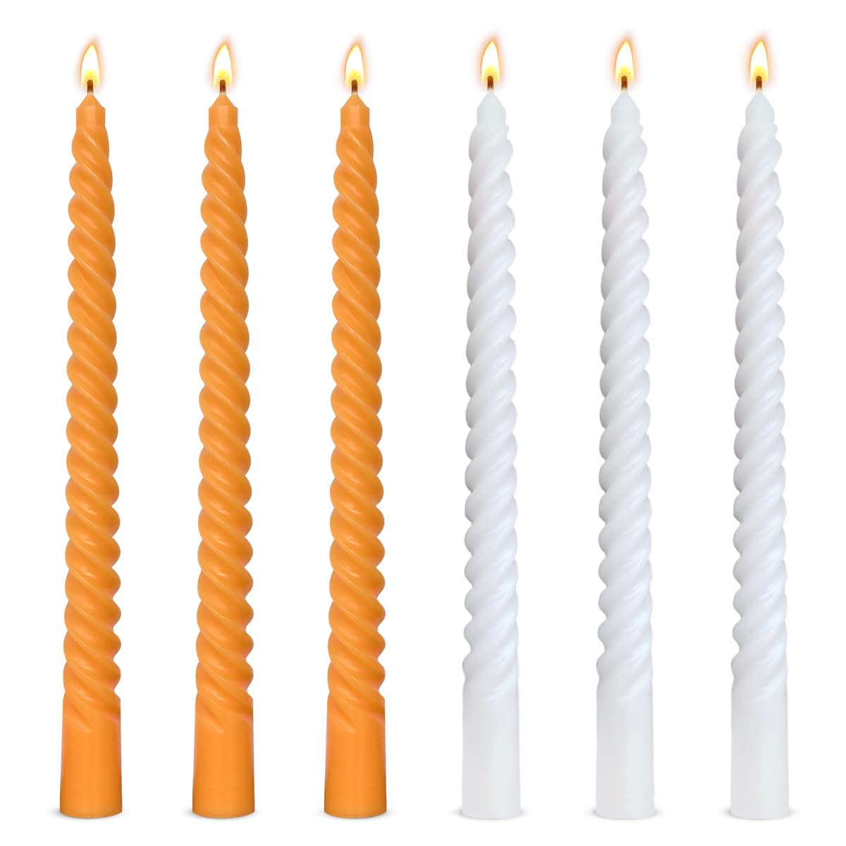10 Inch 3 White and 3 Orange Spiral Taper Candle Set, Unscented Dripless Candlesticks for Fall Harvest Halloween Thanksginving, Holiday Décor, and Festive Dinners