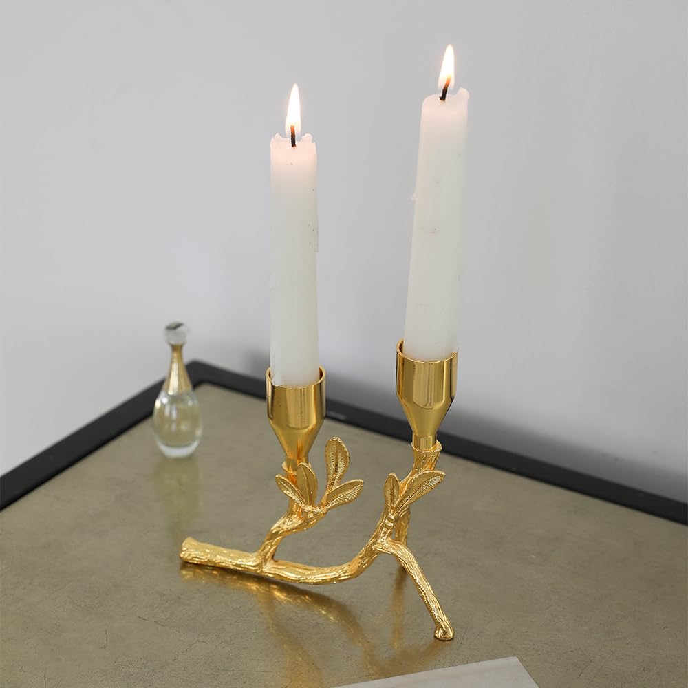 Elegant Gold Metal Tree Branch and Leaf-Inspired Dual Candle Holder Taper for Home Decor Tables top Tealight Wedding Centerpiece 5.12"x4.57" (Golden)