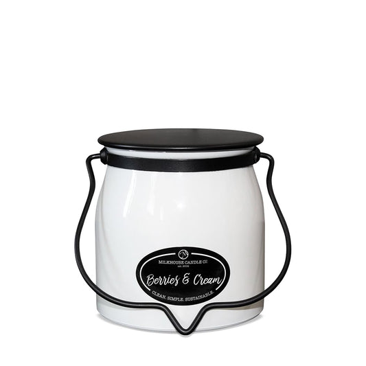 Milkhouse Candle Company Berries & Cream Soy Candle - Raspberry | Blueberry | Sugarcane Scented - 16 oz Butter Jar with Lid, 65+ Hour Burn Time, Made in the USA