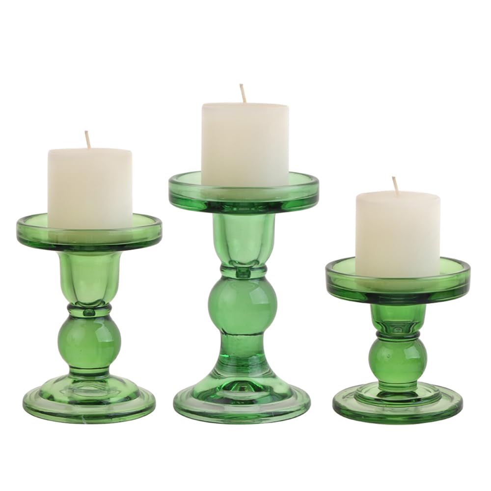 BTGLLAS 3-Piece Set of Green Glass Candlestick, Crystal Candlestick Holder Holder and Conical Candle, Christmas Candle Holder Decoration, Family Living Room Wedding Candle Holder (green1set)