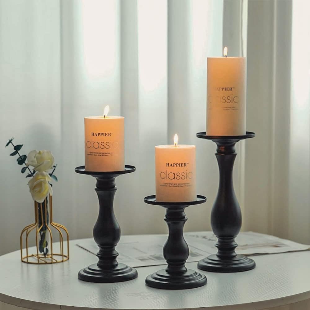 Matte Black Pillar Candle Holders Set of 3-10", 8", 6”H Candlestick Candle Holder Stand, Mother's Day Home Decor Gift for Fireplace/Table Centerpiece/Rustic/Farmhouse