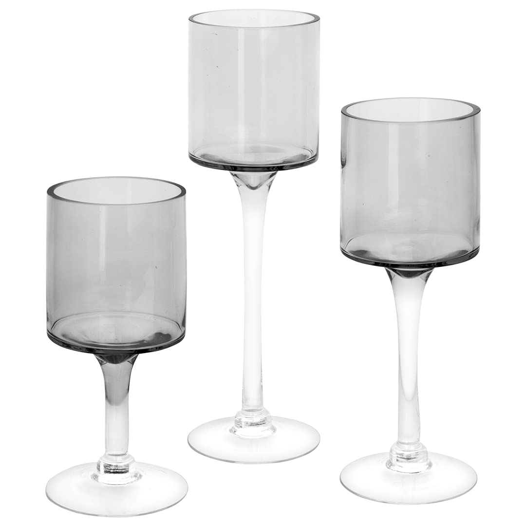 Koyal Wholesale 3Pcs Smoke Black Floating Candle Holder, Long Stem Candle Holders Set of 3, Black Tea Light Floating Candle Holder Centerpiece, Glass Stem Pillar Candle Holders Home Decor