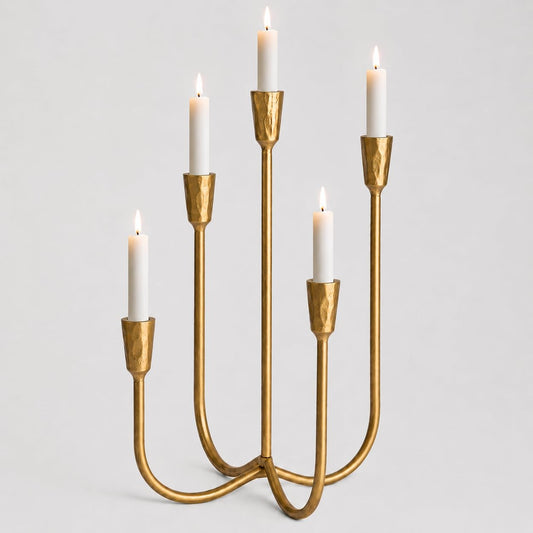 Cast Iron 5-Candle Candelabra Centerpieces for Tables, Gold Candle Holders Wedding Event 17.6 inch Tall Hand-Forged Candlestick Holders for Dining Room, Living Room or Mantel