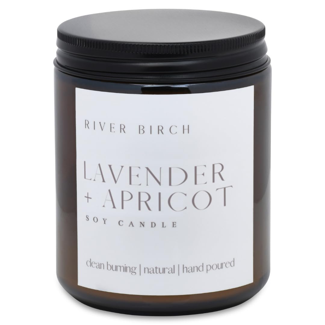 River Birch Candles Lavender + Apricot Scented Candle | Premium, All-Natural, Non-Toxic, Soy Wax, Amber Jar | 8.5oz 40 Hr Burn Time | Cozy Relaxing Gifts for Home