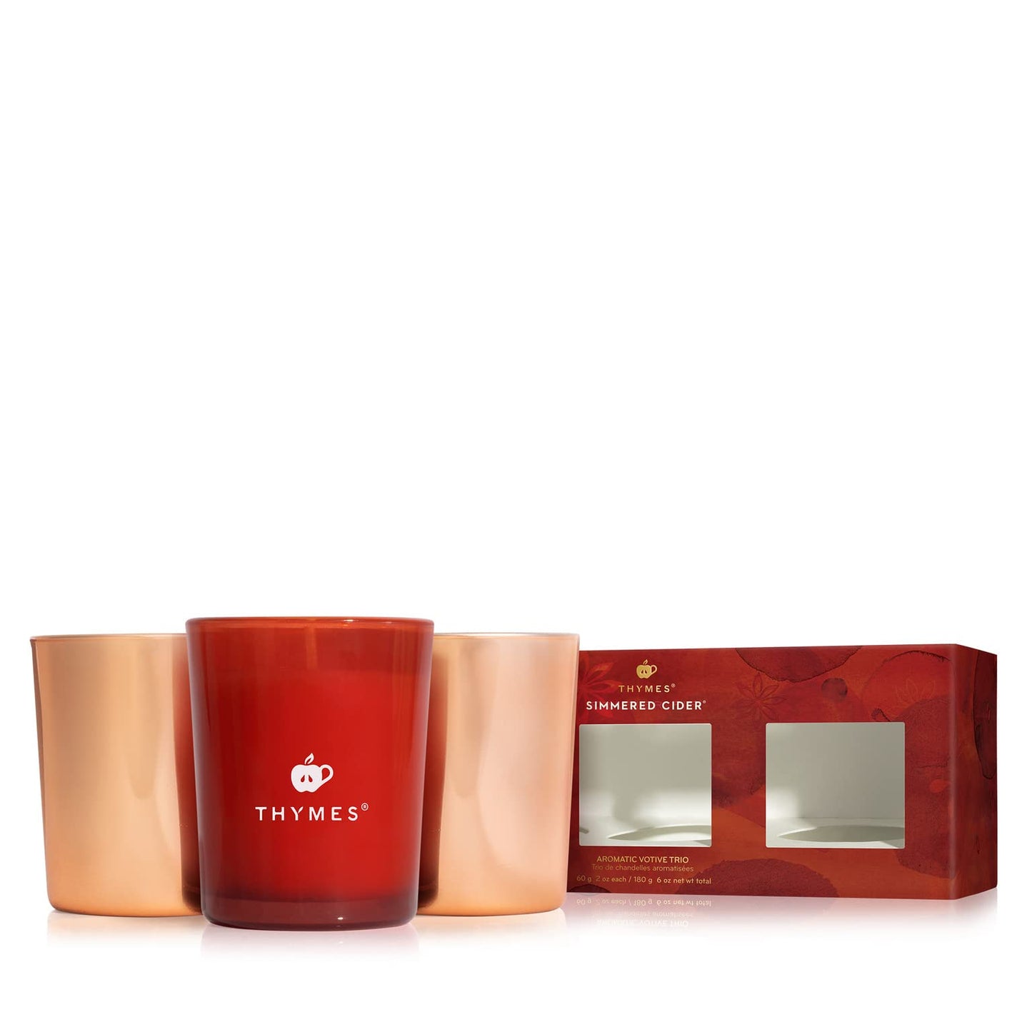Thymes Aromatic Votive Trio – Set of Three Votive Candles – Luxury Home Fragrance – Scented Candles with Notes of Freshly Pressed Apple, Clove, & Cardamom – Red & Rose Gold (Simmered Cider, 2 oz Each)