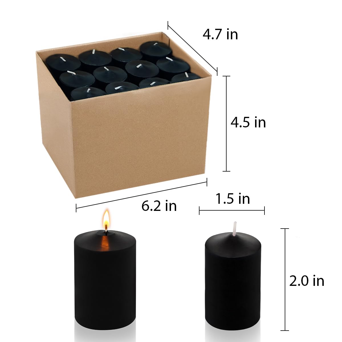 24 Packs Black Votive Candles, Unscented Small 1.5 Inch Diameter 2.0 Inch Tall Wax Candles for Halloween Wedding, Party & Home Dinner Table Decoration - 12 Hour Burn Time