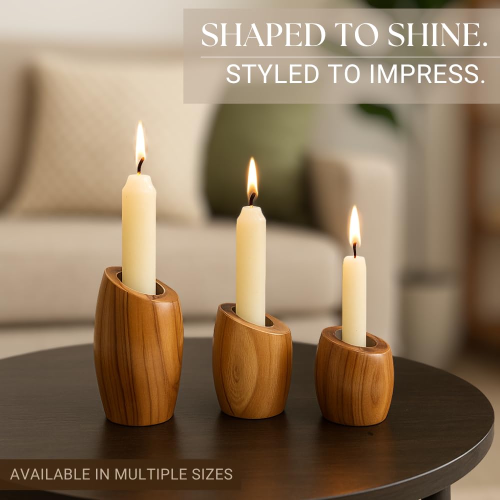 IXXORA Hand-Carved Teak Wood Pillar Candle Holder, Medium (2.5” x 2.5” x 3.6”) | Rustic Modern Wooden Candle Stand for Home Decor, Table Centerpiece, Living Room, Fireplace Mantel & Gifts