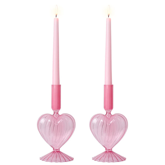 NEEDOMO Valentines Day Decorations, Set of 2 Pink Heart Glass Candlestick Holders for Valentines Decor, Taper Candle Holders Table Centerpieces for Romantic Wedding Party Mantel Decor