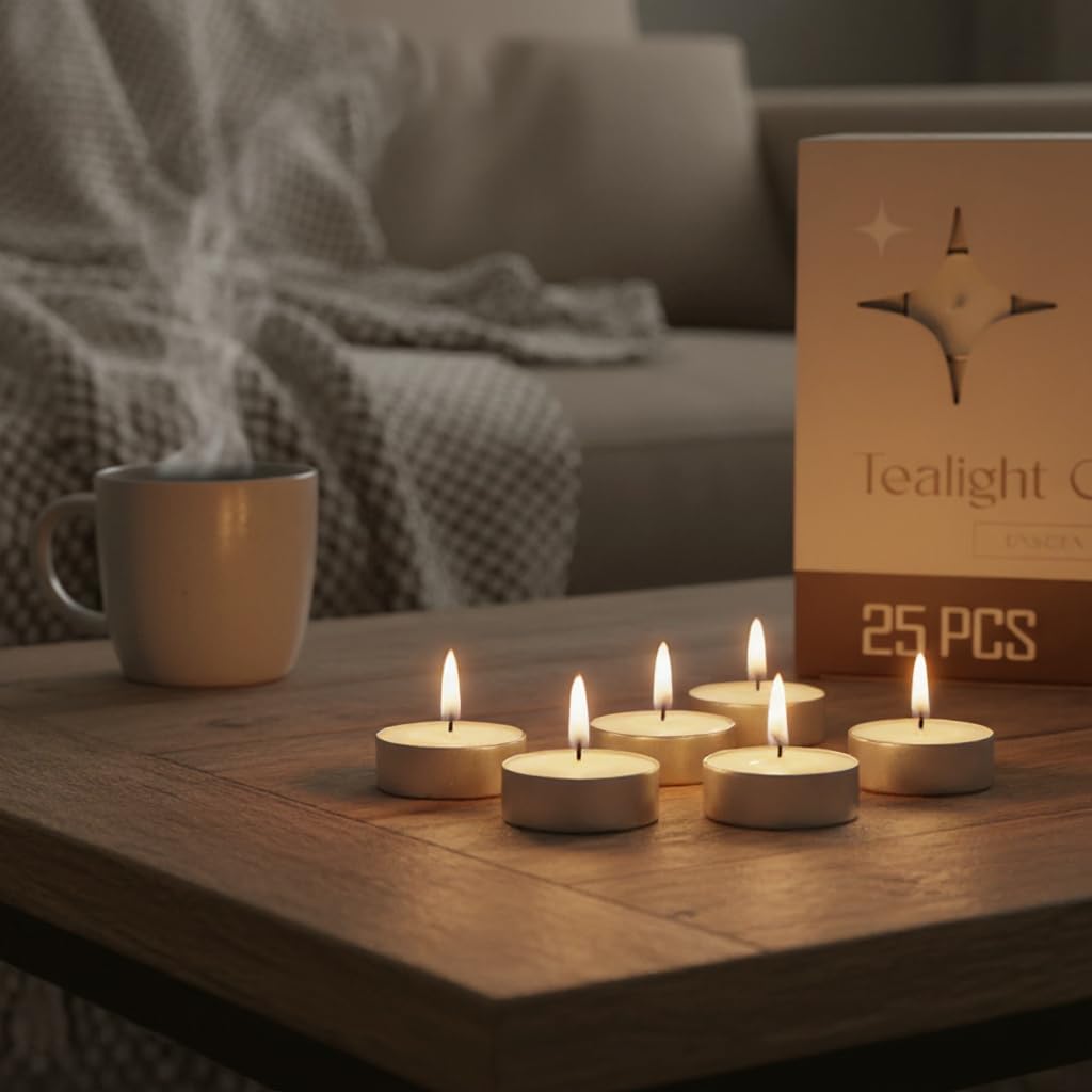 Leor & Lair Tea Lights Candles - 25 Pack - 4 Hour Long Burn Tealight Candles - Small Tea Candle for Home Decoration, Spa, Wedding, Holiday Dinner Table