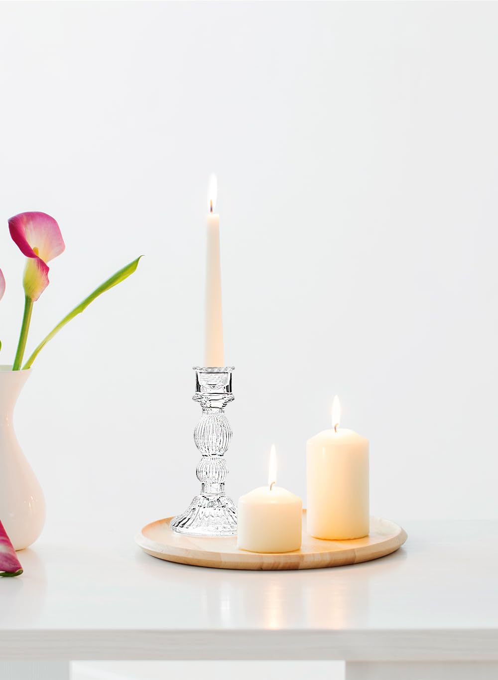 Serene Spaces Living Set of 6 Ribbed Glass Candlestick Holders, Fluted Glass Taper Candleholder for Weddings, Events, Dinner Table, Measures 6" Tall & 3" Diameter