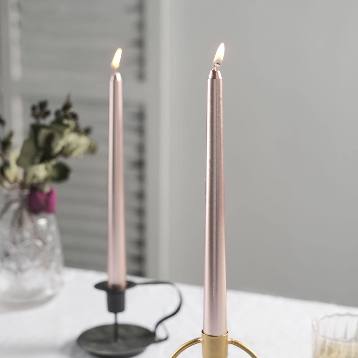 Tableclothsfactory 10" Tall Premium Quality Dripless Unscented Rose Gold Taper Candles Wedding Dinner Candles Set of 12