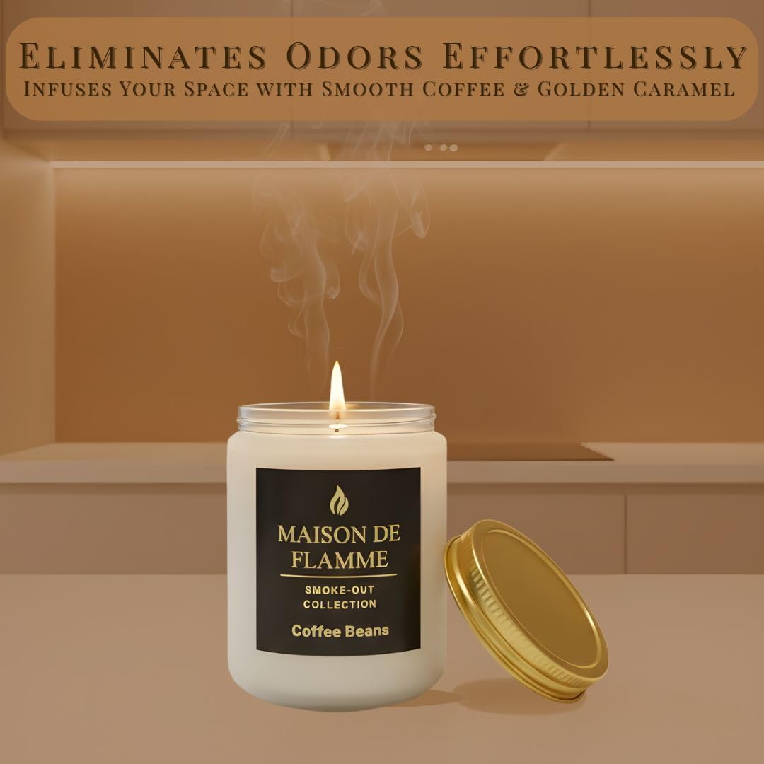 MAISON DE FLAMME Coffee Beans Odor-Eliminating Scented Candle, 200g/7oz White Jar – Long-Lasting Soy Wax Blend Candle for Smoke, Kitchen & Home Odors