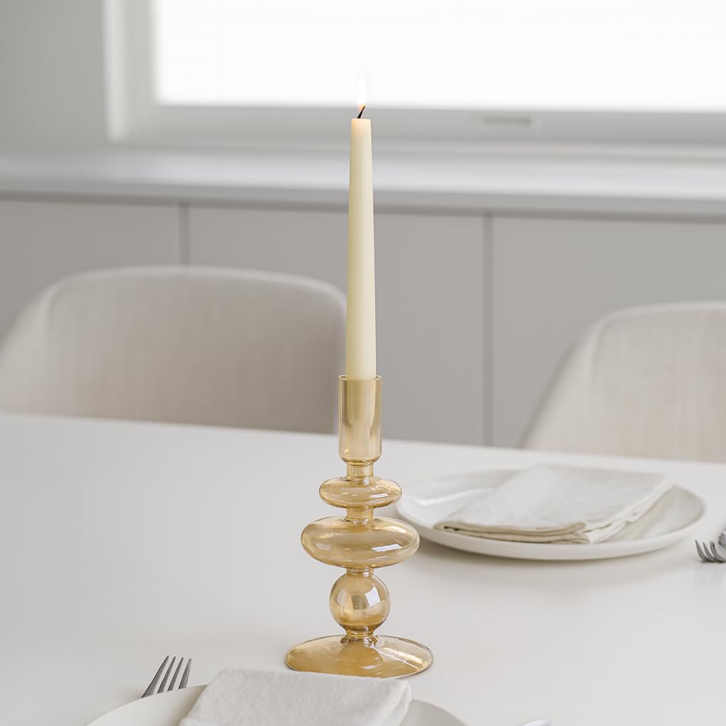 Decorative Glass Candle Holder for Taper Candles - Modern Candlestick Holder with Disc and Sphere Design for Table Decor - Pair with Gold Centerpieces for Tables and Living Room Display - 7" Gold
