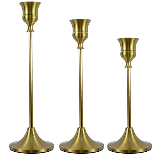 Candlestick Holders, Taper Candle Holders Set of 3, Vintage Candle Holder Decor for Table Centerpiece, Fireplace Mantel, Weddings & Housewarming (Brass Gold, 3 pcs)